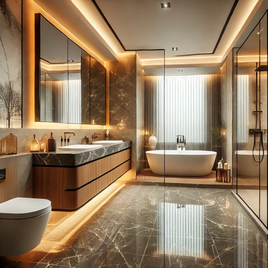 Modern luxury bathroom with marble and warm lighting.