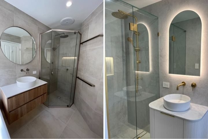Modern bathroom with glass shower and round mirror