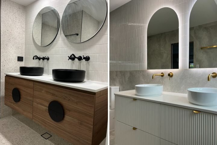 Modern bathrooms with double sinks and mirrors
