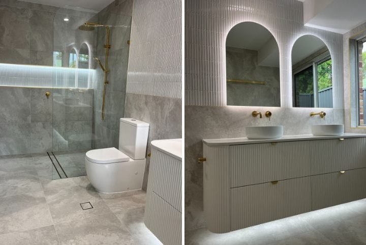 Modern bathroom with dual sinks and glass shower