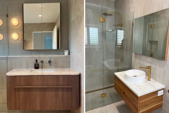 Modern bathrooms with wooden accents and gold fixtures
