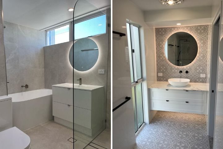 Modern minimalist bathrooms with stylish round mirrors.