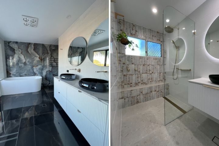 Modern bathrooms with stylish designs and decor.