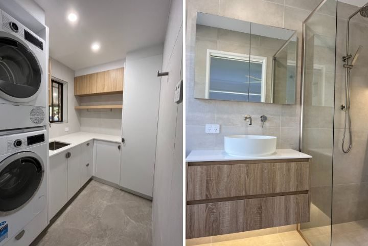 Modern laundry and bathroom with neutral design tones.