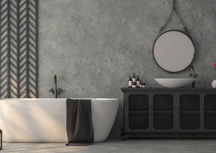 Modern bathroom with tub, vanity, and mirror