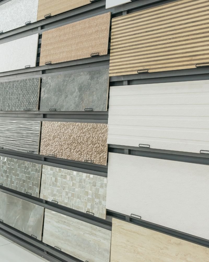 Display of various textured wall tiles