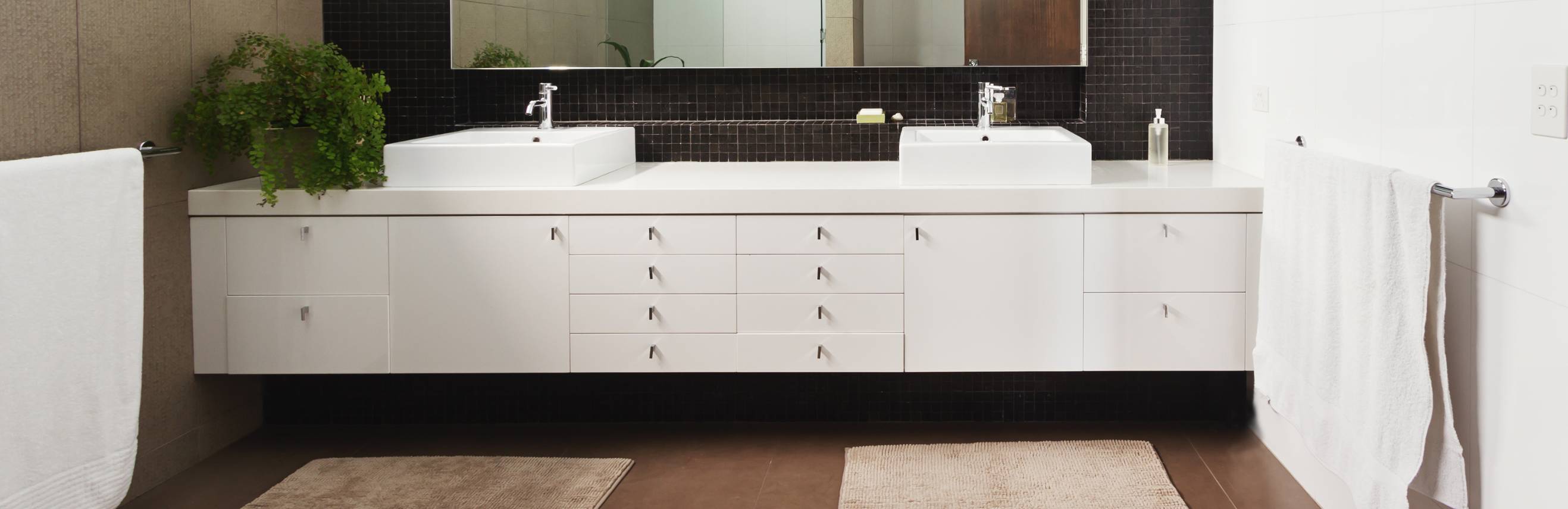 Modern bathroom with dual sinks and plants