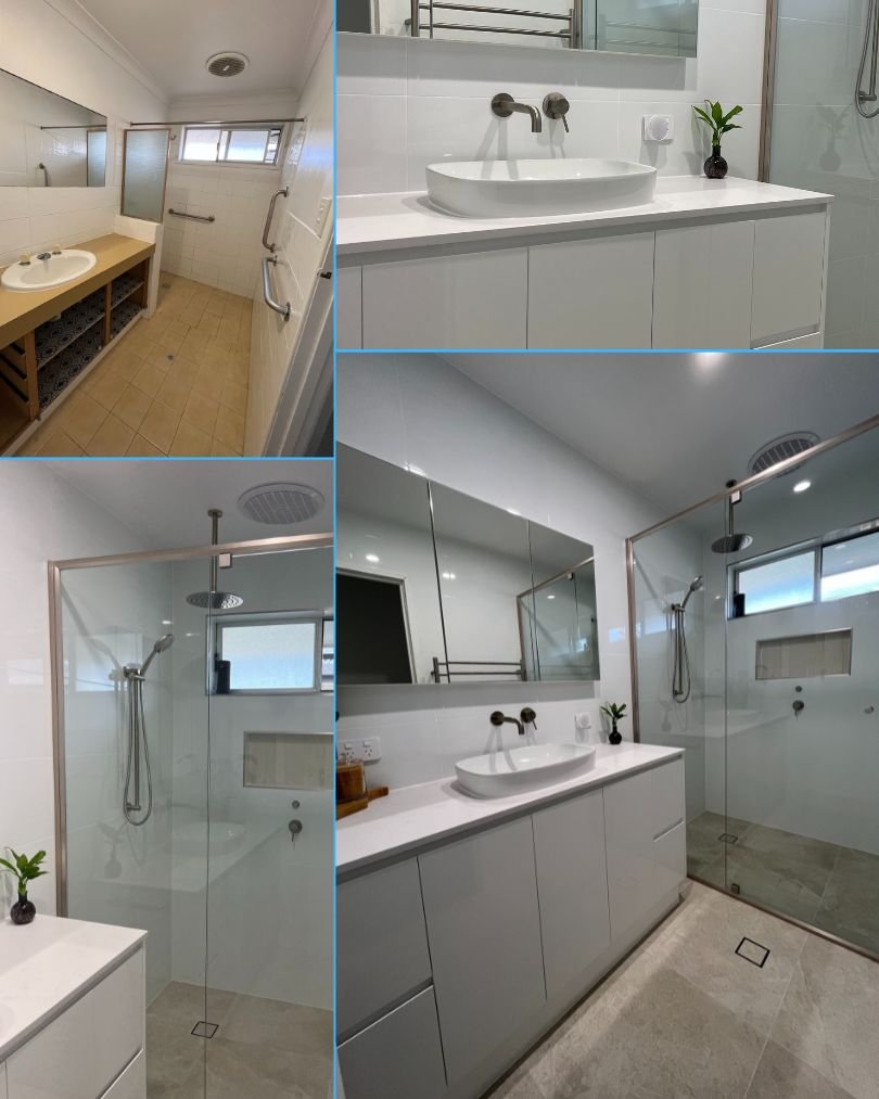 Modern bathroom renovation with shower and vanity.