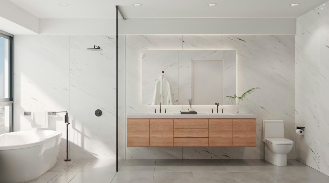 Floating vanity and recessed shower shelving in a modern bathroom